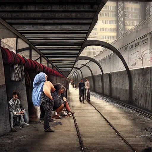 Image similar to poor people life under railway bridge, digital art, digital painting, award winning, hyper realistic, realistic human, hyper details, style by steve mccury and annie leibovitz and chindy sherman