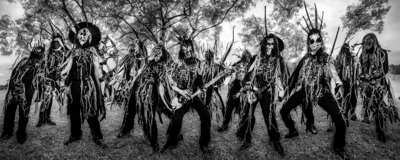 Image similar to award-winning photography of a rock black metal group with costumes inspired by insects, playing music in a concert