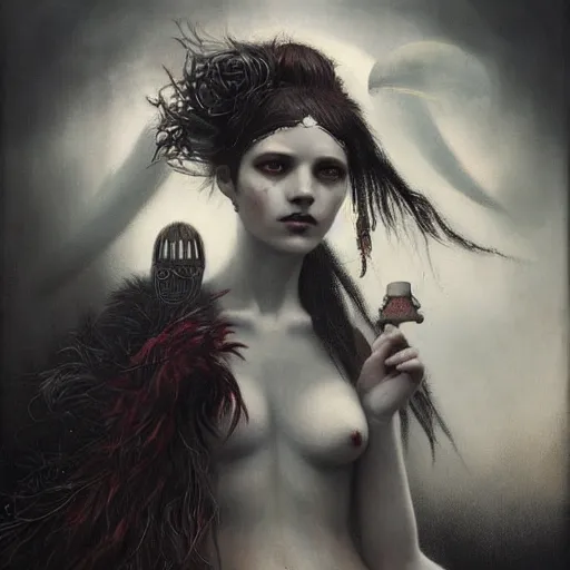 Image similar to By Tom Bagshaw, ultra realist soft painting portrait of curiosities carnival by night, very beautiful single outlaw star fully dressed fading, symmetry accurate features, very intricate details, ominous sky, black and white, volumetric light clouds