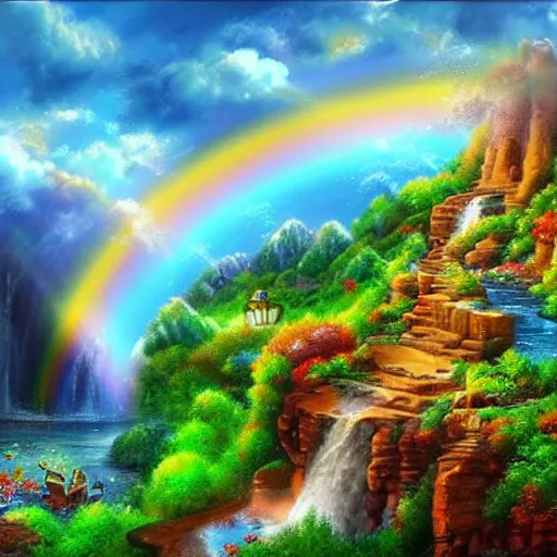 Prompt: fantasy world under the rainbow with terraced landscape and waterfalls beautiful detailed painting 4 k