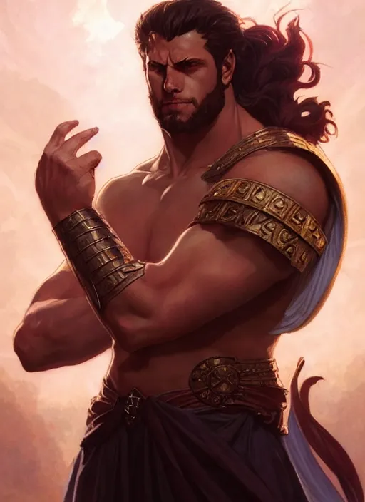 Image similar to portrait of handsome heracles from fate stay night, d & d, fantasy, intricate, elegant, highly detailed, digital painting, artstation, concept art, smooth, sharp focus, illustration, art by artgerm and greg rutkowski and alphonse mucha
