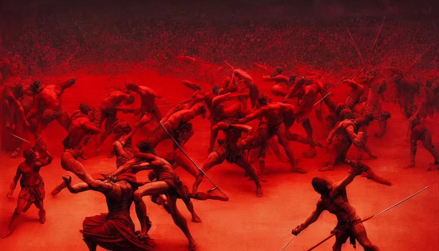 Image similar to only with red, bloody gladiator battle in a crowded roman amphitheatre, crowd cheering, in the style of beksinski and edward hopper and rodcenko and yue minjun and greg rutkowski, intricate and epic composition, red by caravaggio, highly detailed, masterpiece, red light, artstation, art nouveau