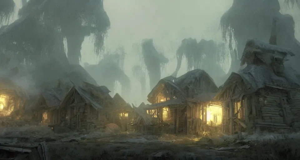 Image similar to big giant ogre troll with a club attacks wooden village houses. Destruction dust and fog. Atmospheric beautiful by Eddie mendoza and Craig Mullins. volumetric lights