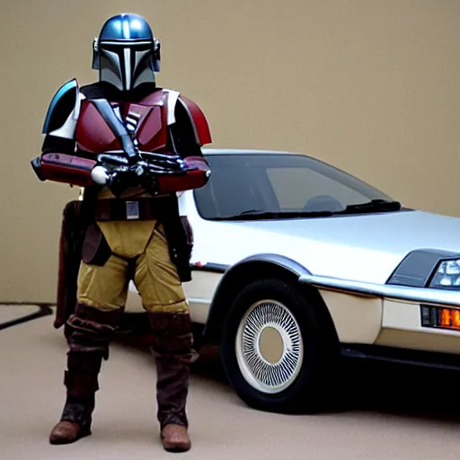 Image similar to the ( mandalorian ) standing next to a delorean