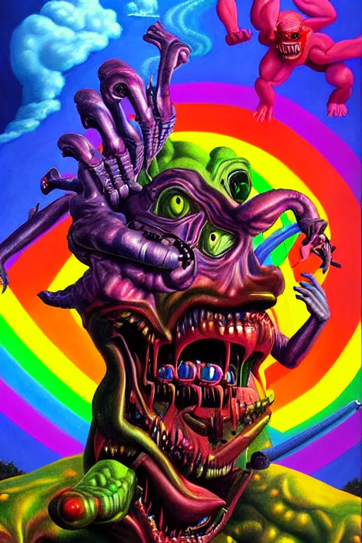 Image similar to a hyperrealistic painting of a boss fight against evil rainbow bright, cinematic horror by chris cunningham, lisa frank, richard corben, highly detailed, vivid color,