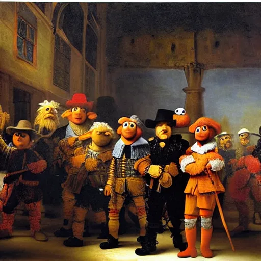 Prompt: the painting The Night Watch by Rembrandt with the inhabitants of Sesame Street instead of the original depicted persons, Sesame Street, colorful happy scene