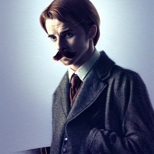 Prompt: emma watson dressed as dr john watson, long hair on head, with moustache, long shot, sherlock bbc movie, intricate, cinematic lighting, digital painting, artstation, concept art, smooth, sharp focus, art by artgerm and greg rutkowski and disney, detailed textures, award winning portrait studio lighting by jessica rossier and brian froud and gaston bussiere