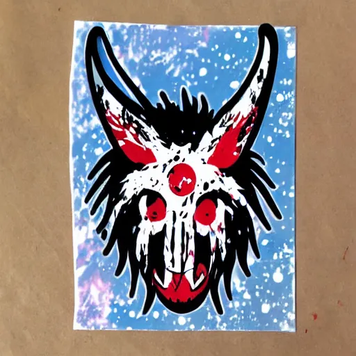 Image similar to die cut sticker, princess mononoke mask, splatter paint