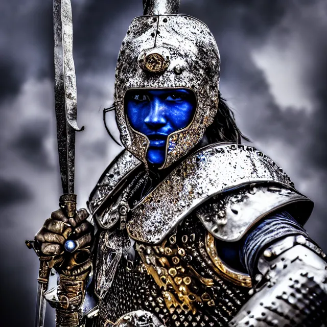 Image similar to photo of a warrior with sapphire encrusted armour highly detailed 8 k hdr smooth sharp focus high resolution award - winning photo dslr 5 0 mm