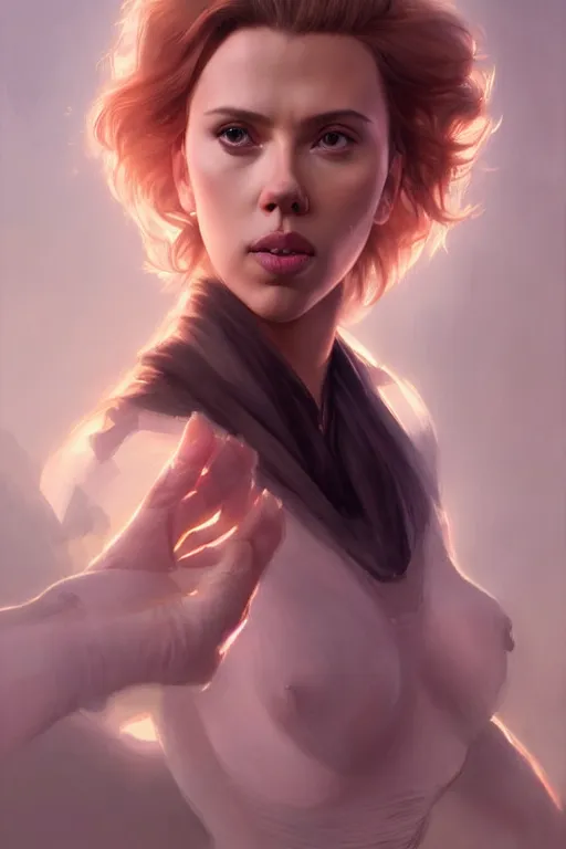 Image similar to Scarlett Johansson is talking to you POV, anatomy, only two hands, highly detailed, digital painting, artstation, concept art, smooth, sharp focus, illustration, Unreal Engine 5, 8K, art by art by artgerm and greg rutkowski and edgar maxence