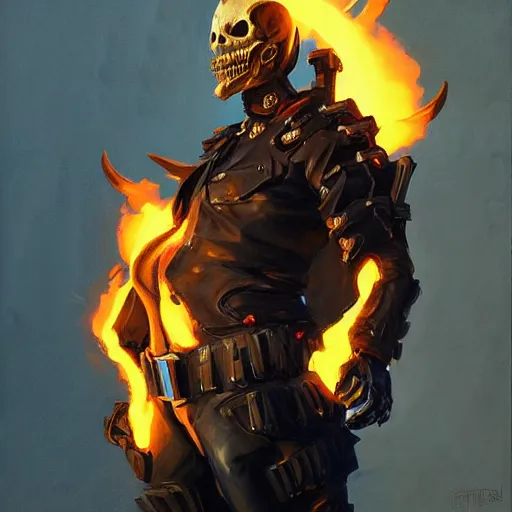 Image similar to greg manchess portrait painting of ghost rider as overwatch character, medium shot, asymmetrical, profile picture, organic painting, sunny day, matte painting, bold shapes, hard edges, street art, trending on artstation, by huang guangjian and gil elvgren and sachin teng