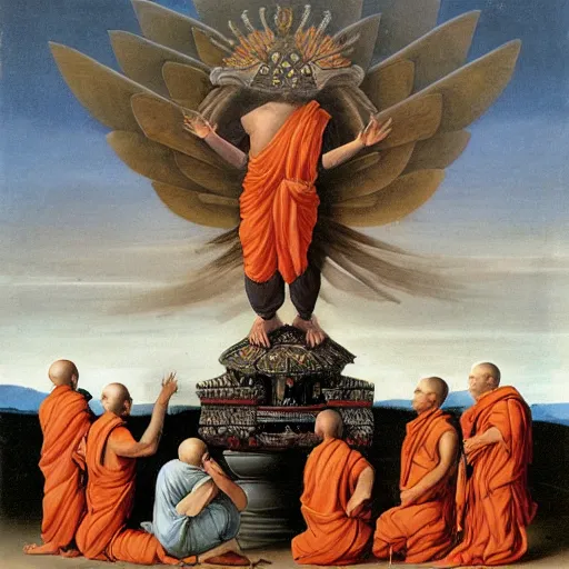 Image similar to hindu monks worshipping giant crow on greek senete baroque painting, lionardo davinchi