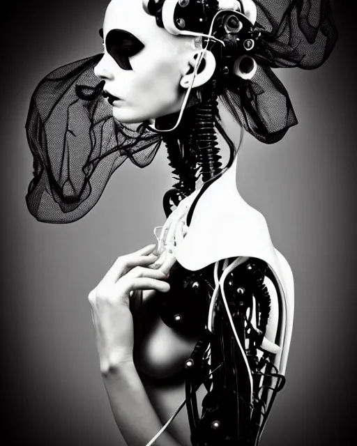 Prompt: dreamy surreal poetic black and white photo of a beautiful young bio-mechanical-female-jellyfish-cyborg-plastic-robot with a very long neck and a super big gothic lace collar and a very high big floral crown with many black dry roses by Vivienne Westwood:: smoke, high fashion, haute couture, rococo, avant-garde, elegant, dreamy, hyper realistic, 150 mm lens, soft rim light, octane render, unreal engine, picture was taken in 1910 by Dora Maar, volumetric lighting, dramatic light,8k,