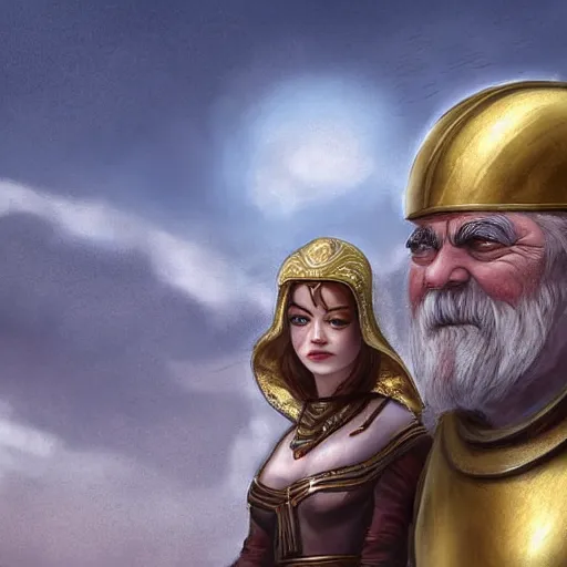 Image similar to tiny Emma Stone as ancient greek woman in golden helmet standing on giant grey-haired bearded male face in the sky, epic fantasy style art, fantasy epic digital art