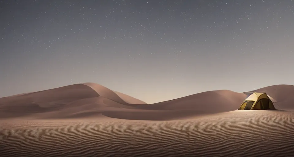 Image similar to hyper realistic matte painting of a small tent in the desert with dunes at midnight, dark color scheme, artstation