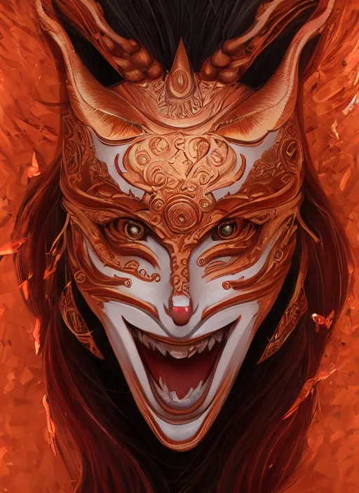 Image similar to a beautiful detailed oil on copper art illustration of a japanese kitsune hannya mask devil woman, centered, by charlie bowater, zeng fanzh, trending on artstation, dim dusk lighting, cinematic lighting, detailed lighting, volumetric lighting, realistic, f 8, 4 k hd wallpaper