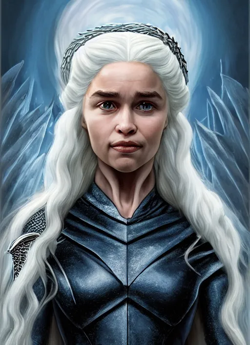 Image similar to queen daenerys stormborn, by anne stokes and larry elmore, detailed matte painting, realistic portrait, symmetrical, highly detailed, digital painting, artstation, concept art, smooth, sharp focus, illustration, cinematic lighting, 8 k resolution