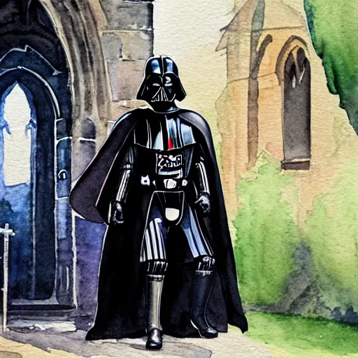 Prompt: a watercolor painting of darth vader leaving a medieval church in a a quaint english village