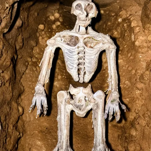 Prompt: humanoid made of translucent brown sludge full of animal bones, it has glowing yellow eyes, found in a cave made of clay, found footage, unsettling, flash photography,