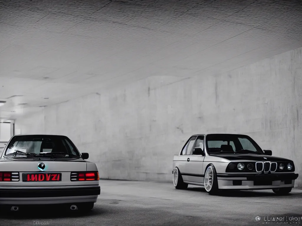 Image similar to a modified bmw e 3 0 with lights on in a futuristic neon parking garage, 3 5 mm photography, car photography, clean lines, realistic