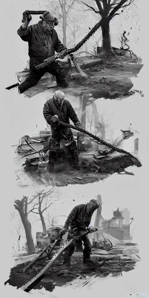 Image similar to old guy using a long chainsaw to cut a big movie roll, concept art, very detailed, very realistic, trending on artstation, in the style of maksim vorontsov, by artem priakhin, by wu shenyou, jeehyung lee, yuditya afandi, luis omar, sun haiyang, erak note, qi sheng luo,