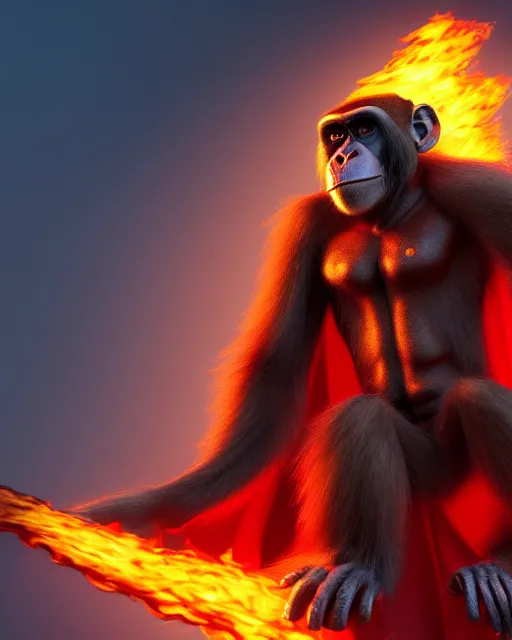 Prompt: fury art, an anthro ape monkey wearing a large cape and a fantasy armor, fire, fiery background, 3 d, 8 k, extremely detailed, trending on furaffinity, trending on artstation, award winning, sharp focus, illustration