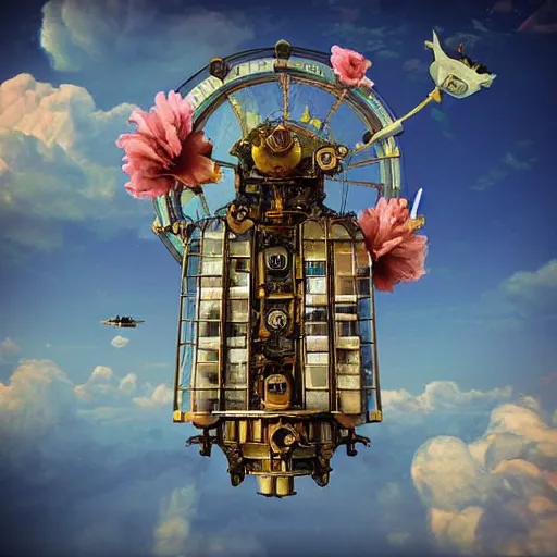 Prompt: flying city in a flower, sky, steampunk!!!, fantasy art, steampunk, masterpiece, octane