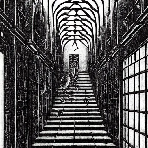 Prompt: a terrifying dark hallway with many doors and many stairs, impending doom, Mc Escher architecture, epic composition, by Junji Ito