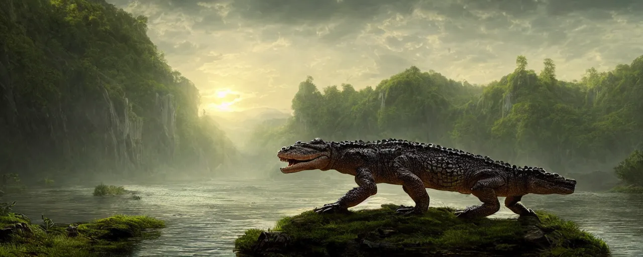 Image similar to crocodile next to river, beautiful dynamic lighting, cinematic, wide angle establishing shot, extremely high detail, photo realistic, cinematic lighting, post processed, concept art, artstation, matte painting, style by frederic church, raphael lacoste, unreal engine 8 k