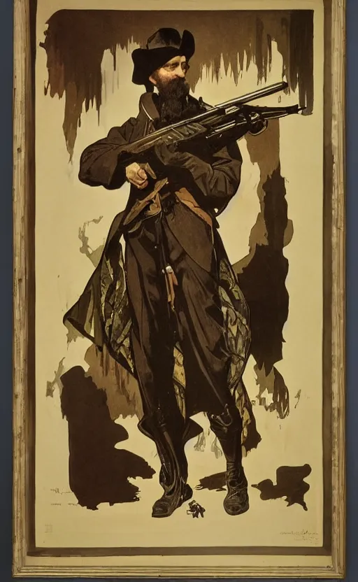 Image similar to portrait of John Brown holding a rifle, lithograph by Alphonse Mucha