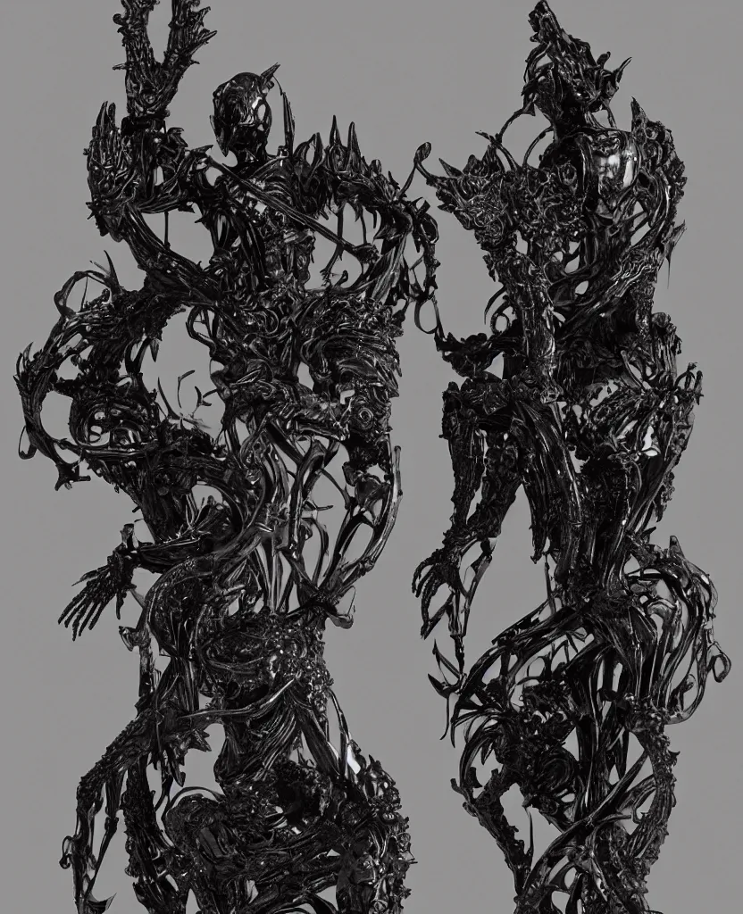 Prompt: a single filigree ornamental medieval iron and black bronze sculpture with skeletal features, cinematic light, art by (((wayne barlowe))), hr giger, hedi xandt, foggy, dimly lit, artstation, 3D rendering,