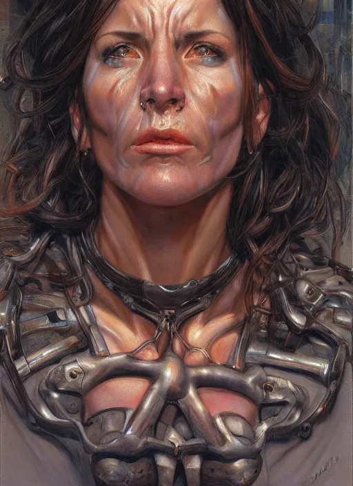 Image similar to frontal portrait of a emotional muscular female survivor in a city, by donato giancola