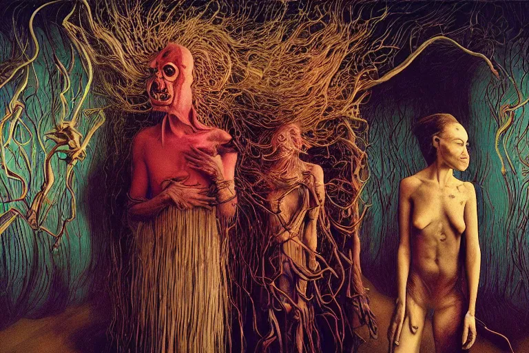 Image similar to 35mm color, mental health, humans enslaved, artificial intelligence, portrait, fashion shoot, freak show, weird, random, strange, hyperdetailed, photorealistic, interesting, by David la chapelle and karol bak and david cronenberg and WETA digital, art by Zdzisław Beksiński, Ivan Bilibin, Dariusz Zawadzki , ID magazine, octane rendering, cinematic, hyperrealism, octane rendering, 8k, depth of field, bokeh.