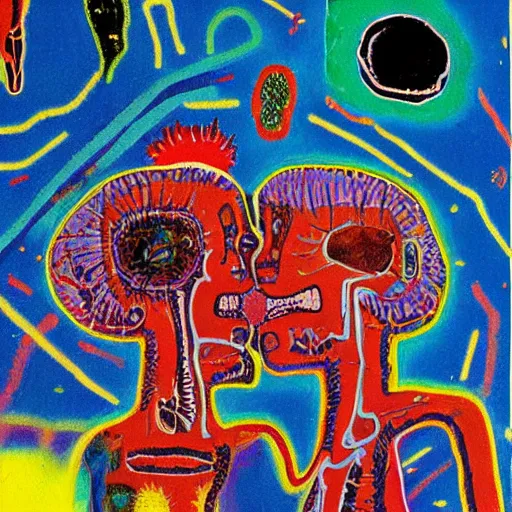 Image similar to abstract painting of two bizarre psychedelic women kissing each other closeup on an alien planet, speculative evolution, mixed media collage by basquiat and junji ito, magazine collage art