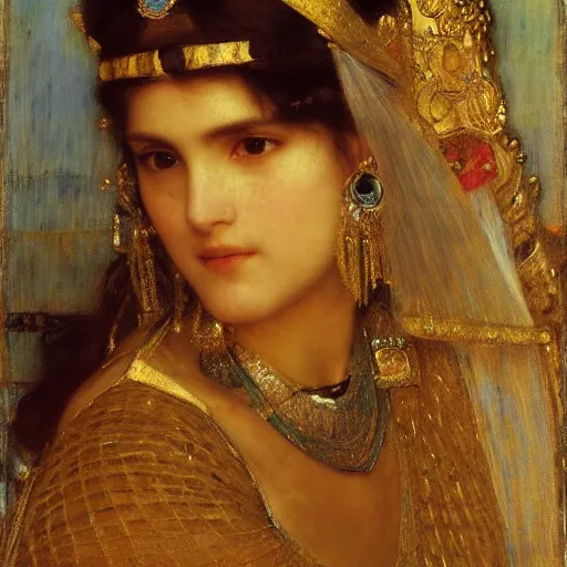 Prompt: orientalist portrait of a determined princess wearing a golden tiara intricate portrait by john william waterhouse Edwin Longsden Long and Theodore Ralli and Henryk Siemiradzki, very coherent symmetrical artwork. Cinematic, hyper realism, high detail 8k