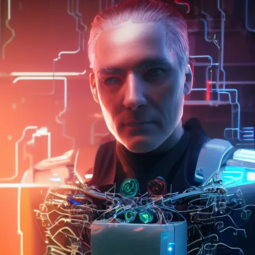 Image similar to a beautiful portrait of a middle - aged bionic male cyborg, cyberpunk, intricate wiring, electronic components, volumetric light, photography, color, intricate, extremely detailed, photorealistic, stunning, unreal engine 5