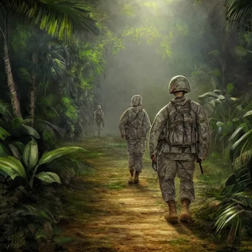 Image similar to Painting of an American soldiers walking through the dense jungles of Vietnam, dim lighting, god rays, trending on artstation, incredibly high detail, 4k resolution, shadows