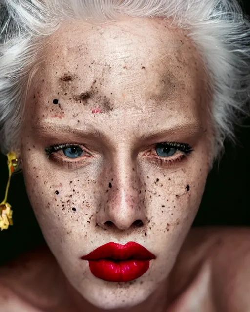 Image similar to Close-up portrait of a woman, close-up, high sharpness, zeiss lens, fashion photo shoot, flowers, white hair, freckles, Red lipstick, against gold, Annie Leibovitz and Steve McCurry, David Lazar, Jimmy Nelsson, artistic, hyper-realistic, beautiful face, octane rendering