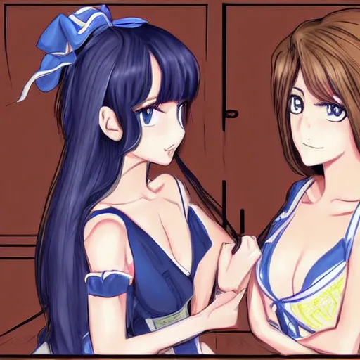 Image similar to a serious stare down between two beautiful maids standing face to face, detailed anime art