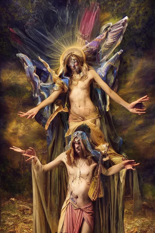 Image similar to transcendental adoration of the magi, stigmata, occult symbolism epic surrealism 8k oil painting, portrait, perspective, high definition, post modernist layering, by Peter Kemp