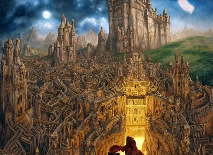 Image similar to jim henson's labyrinth an impossible maze filled with twisted turns a goblin city and a castle looming in the background by frank cowper, john singer sargent and delacroix style, artistic, intricate painting, cinematic lighting, hyper realistic, extremely detailed, vivid colors, establishing shot, dramatic lighting