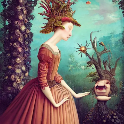 Image similar to a detailed portrait of young woman in renaissance dress and a surreal renaissance headdress, very surreal garden, cyberpunk, surreal tea party, strange creatures, by christian schloe and botticelli, naotto hattori, amy sol, roger dean, moody colors