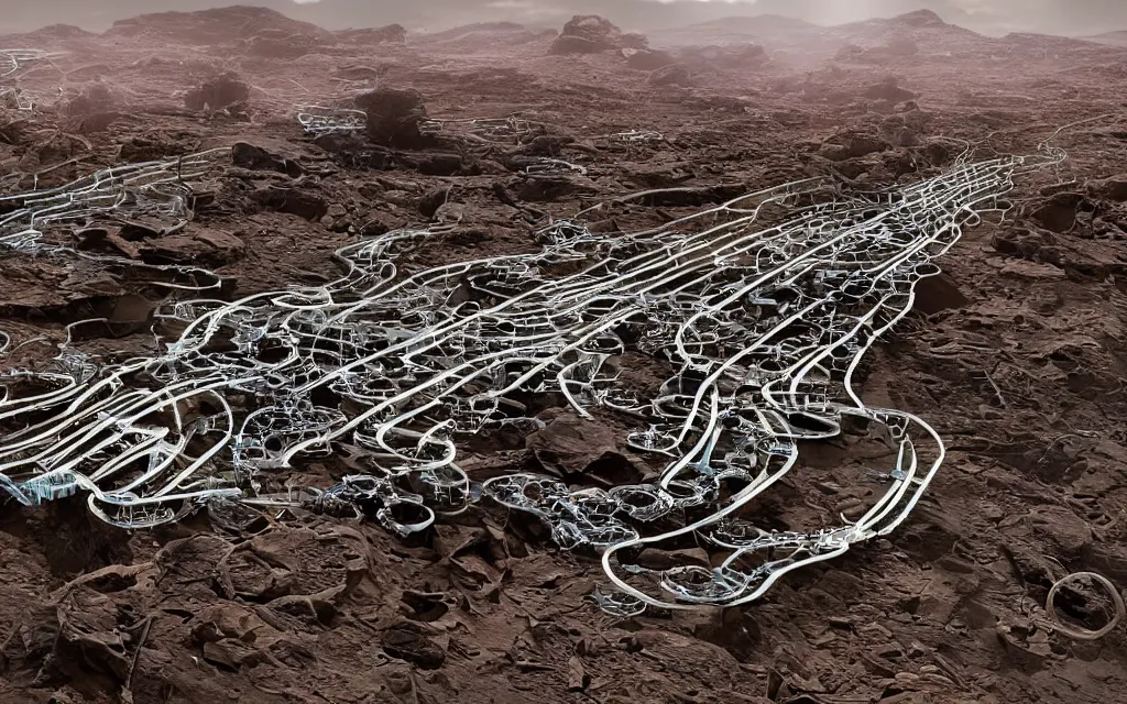 Prompt: gigantic robotic centipede travelling across a broken landscape