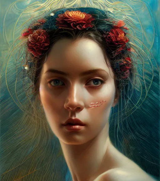 Prompt: portrait of the last touch by karol bak, James Jean, tom bagshaw, rococo, Trending on artstation, cinematic lighting, hyper realism, octane render, 8k, hyper detailed.