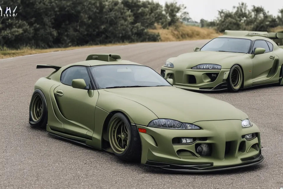 Image similar to Matte olive green Toyota Supra mk4 with widebody kit on highway, hyper realistic, car photography, 8k,