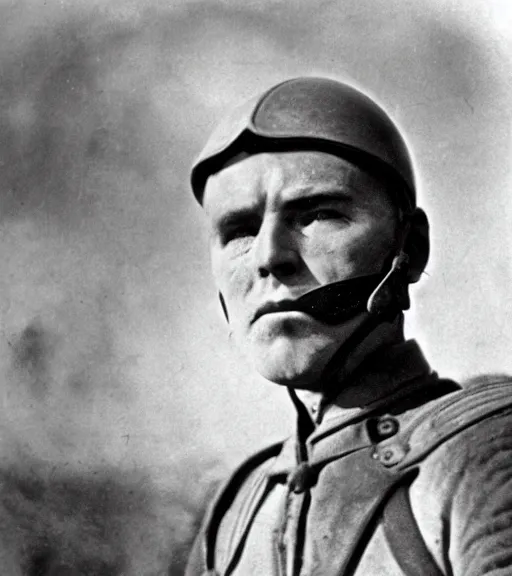 Prompt: a man at wearing iron mask in distance, ww1 film photo, grainy, high detail, high resolution