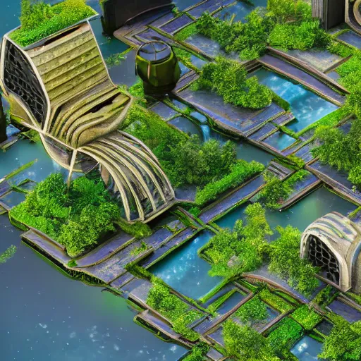 Prompt: an isometric view of a futuristic city, solarpunk, lush vegetation, water features, realistic octane render, high detail