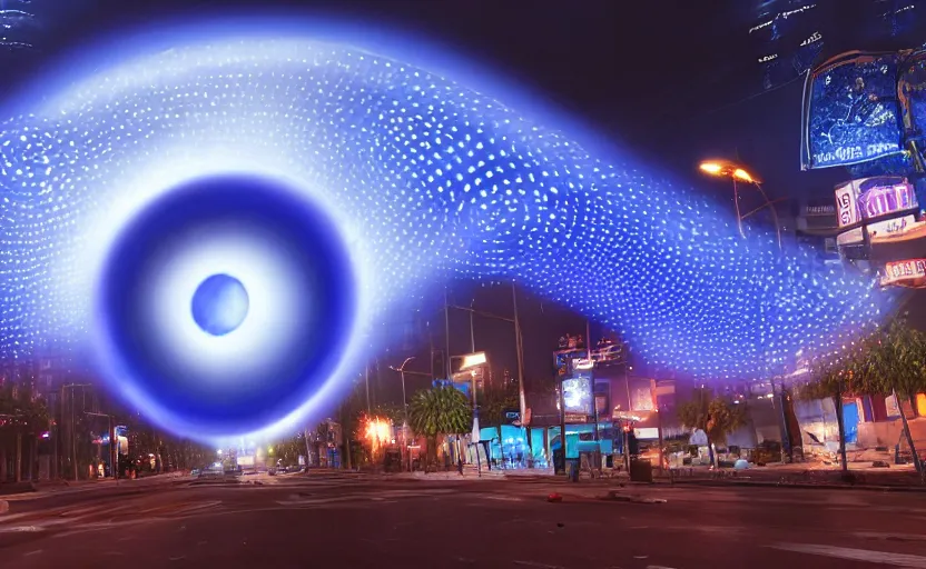 Image similar to people with posters attacking cops in front a huge blue spiral - shaped bright white luminous attractor that is floating and stores in los angeles with light screens all over the street, concept art, art for the game, professional lighting, night lighting from streetlights