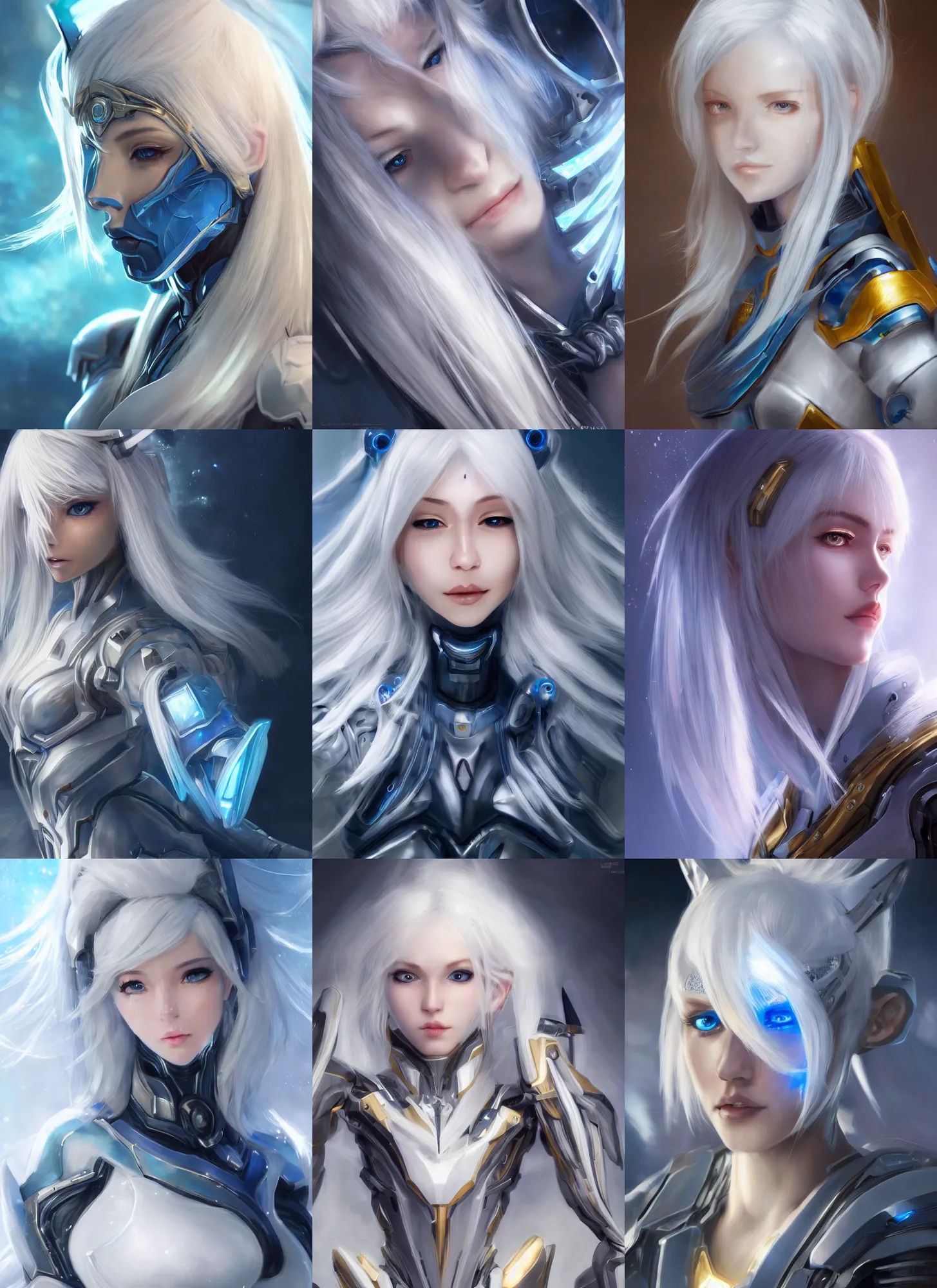 Prompt: detailed portrait of perfect white haired girl, android, warframe armor, beautiful, dreamy, pretty face, blue cyborg, eyes, innocent, scifi, 4 k, blue, gold, sun yunjoo, ultra realistic, aura of light, cinematic lighting, highly detailed, sharp focus, masterpiece, art by hyungjin yang