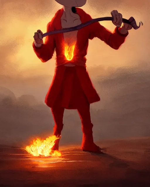 Prompt: squidward with [ four legs ] wearing fire nation clothing and practicing firebending outside at susnset, [ greg rutkowski ]